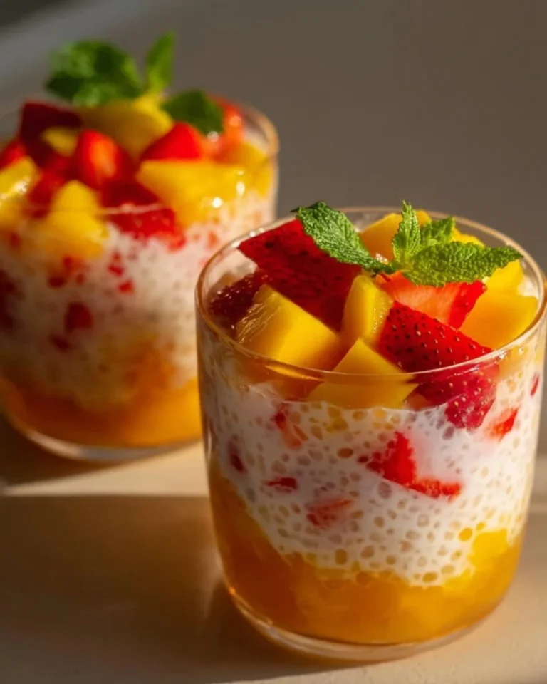 Delicious Strawberry Mango Sago dessert with fresh fruits and sago pearls
