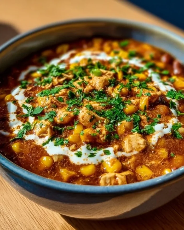 Bowl of Street Corn Chicken Chili with vibrant toppings and ingredients