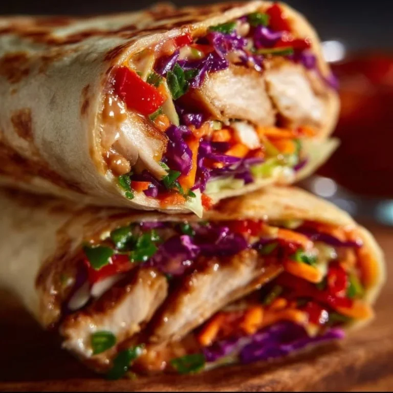 Thai Peanut Chicken Wrap filled with fresh vegetables and savory peanut sauce