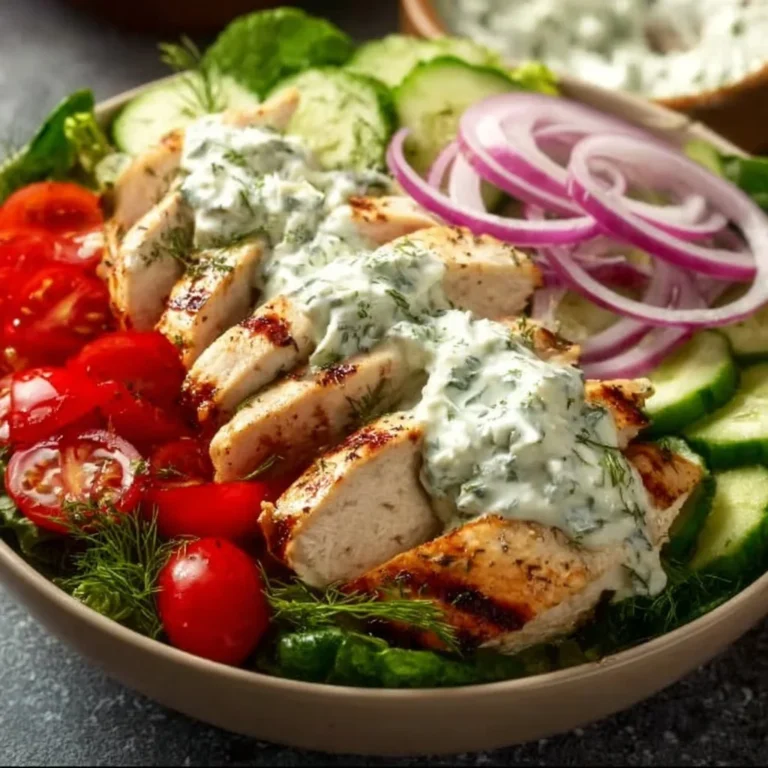 Delicious Tzatziki Chicken Salad with fresh vegetables and sauce.