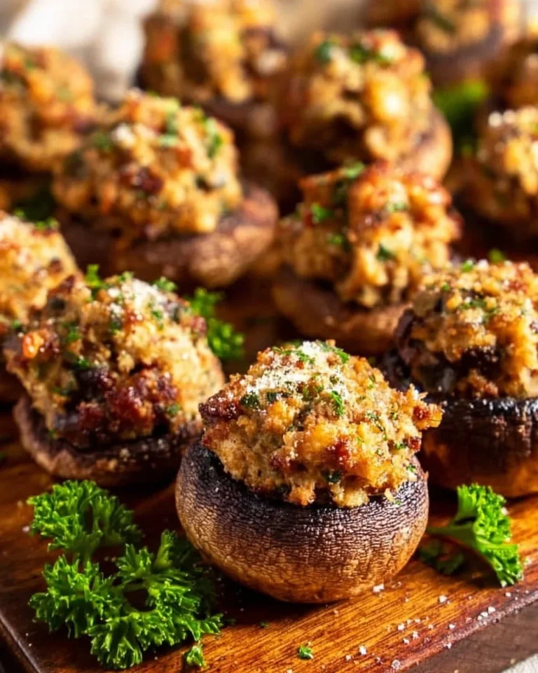 Air fryer sausage stuffed mushrooms on a plate, garnished and ready to serve.
