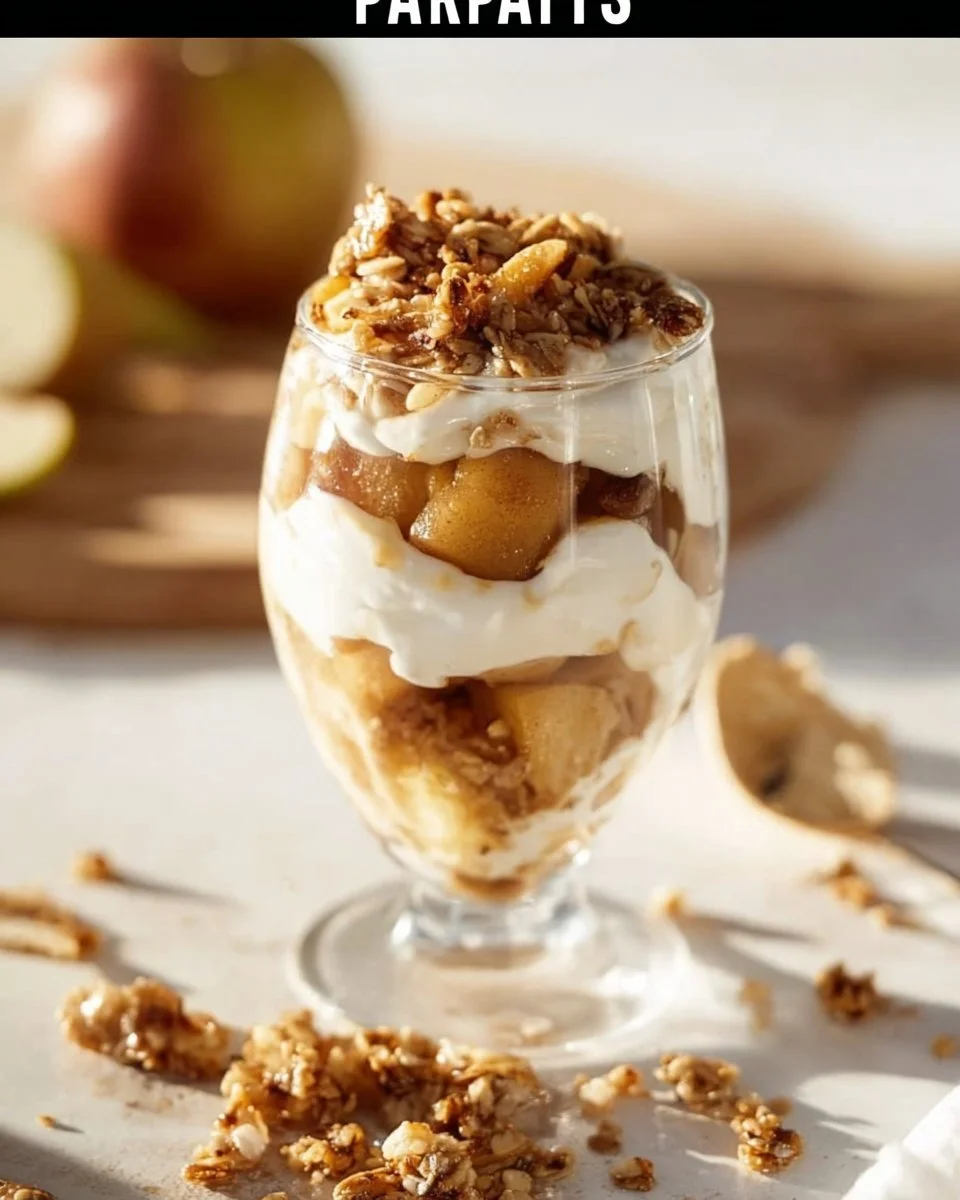 Apple crisp cheesecake parfait with layers of cheesecake and apple topping