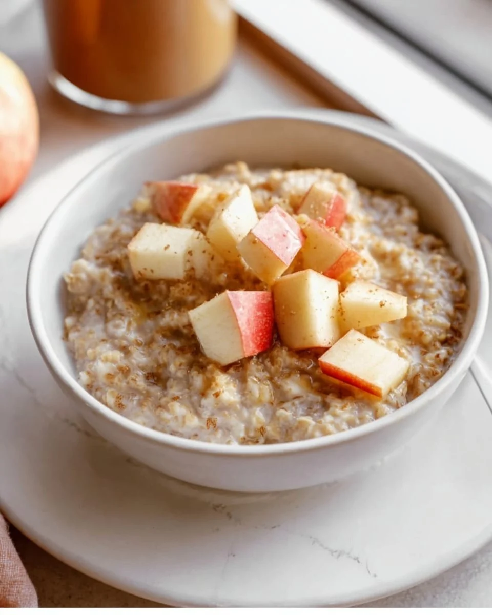 Bowl of Apple Steel Cut Oatmeal topped with fresh apple slices and cinnamon