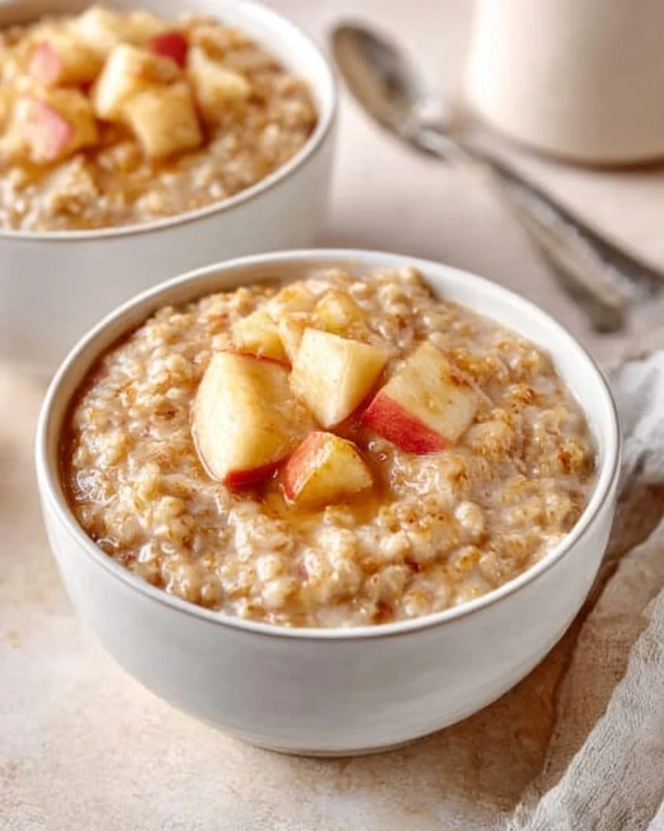 Bowl of Apple Steel Cut Oatmeal topped with fresh apples and cinnamon.