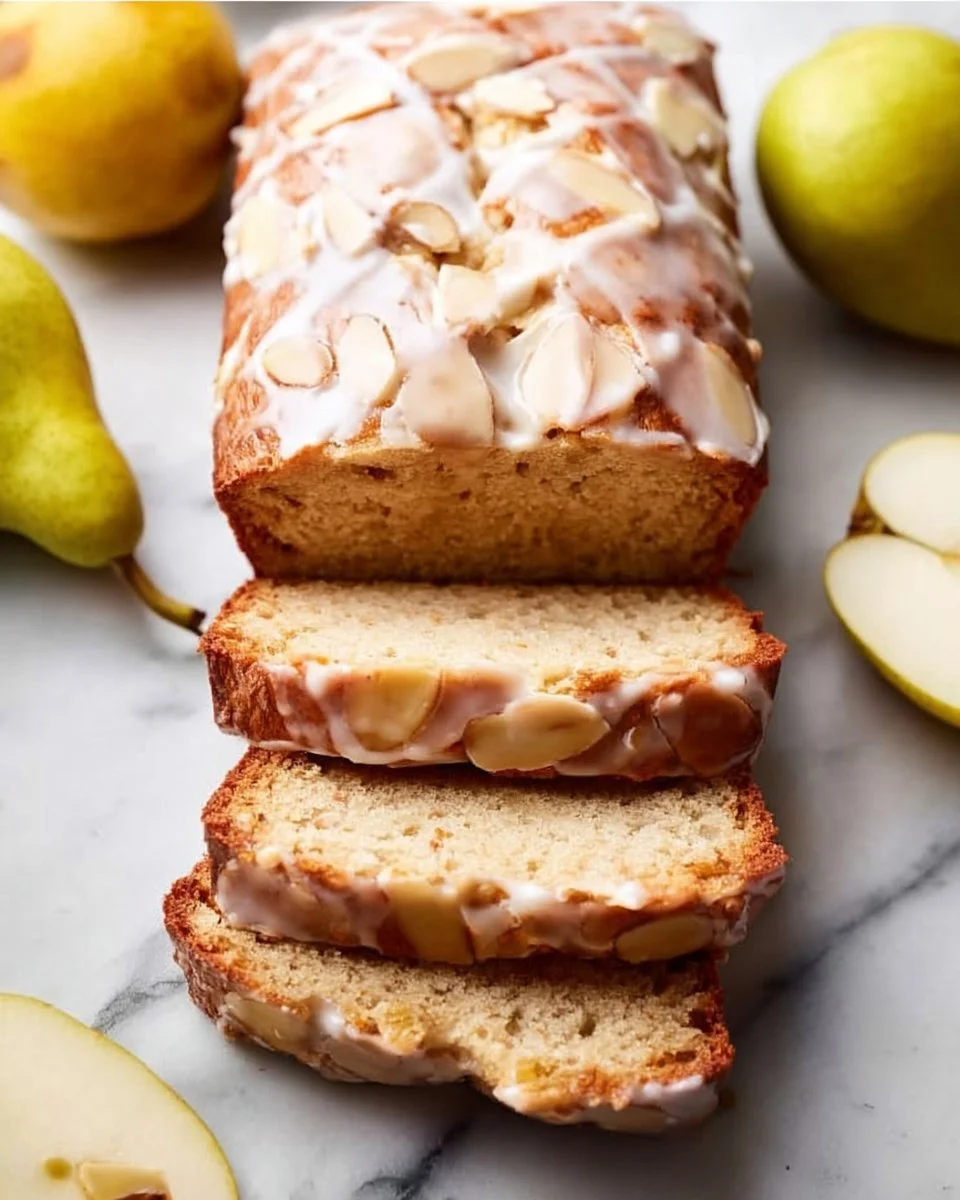 Delicious Baked Pear Bread with a rich Almond Glaze on top