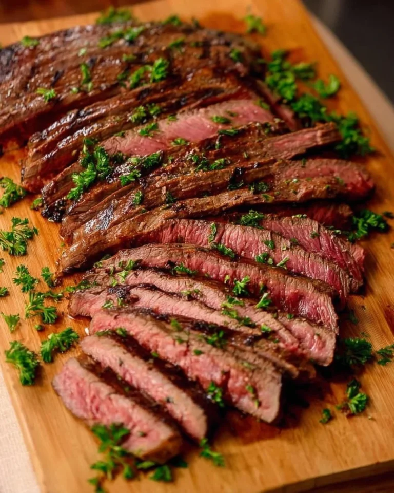 Delicious grilled flank steak served on a plate with fresh herbs.