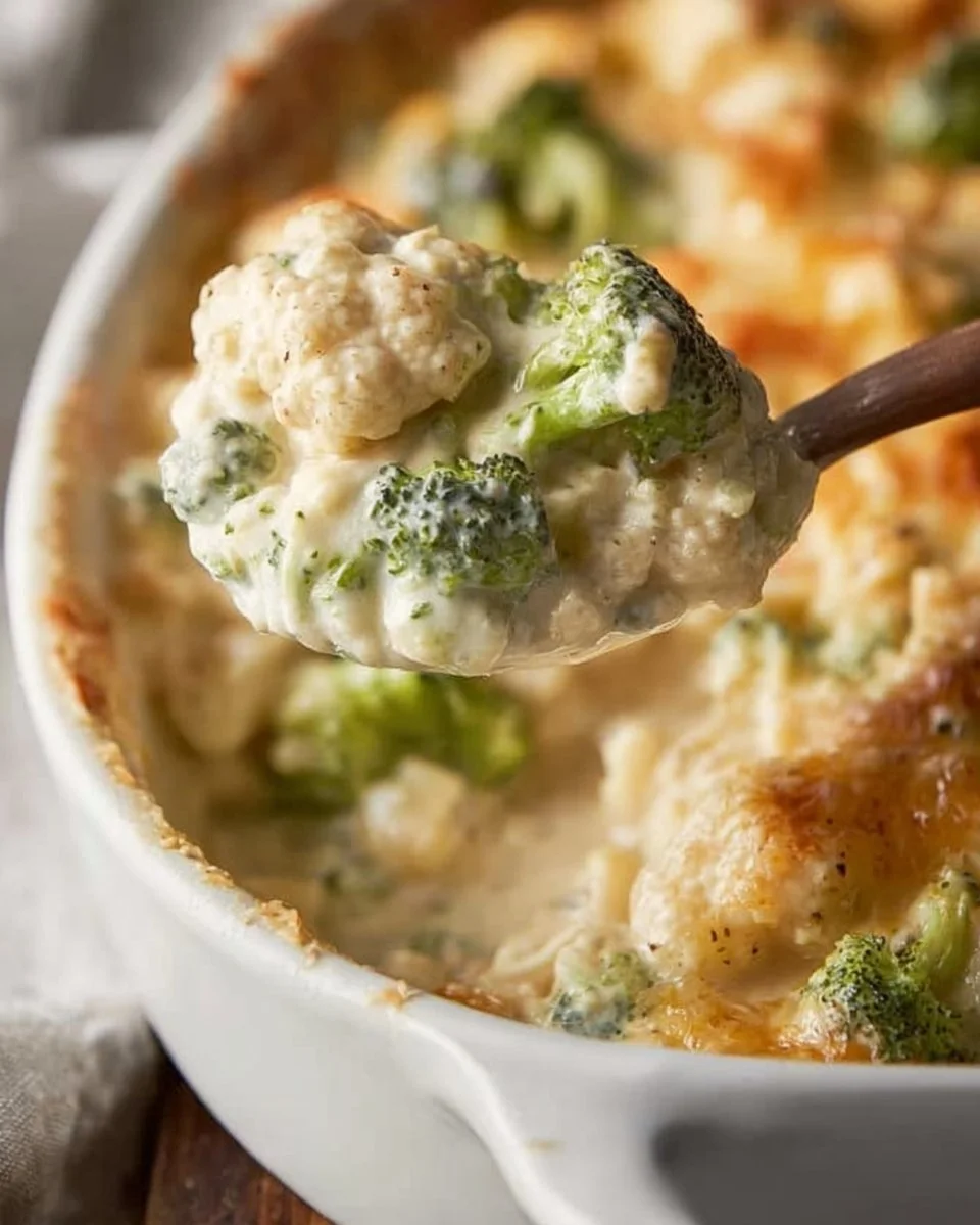 Delicious broccoli cauliflower casserole topped with cheese and breadcrumbs