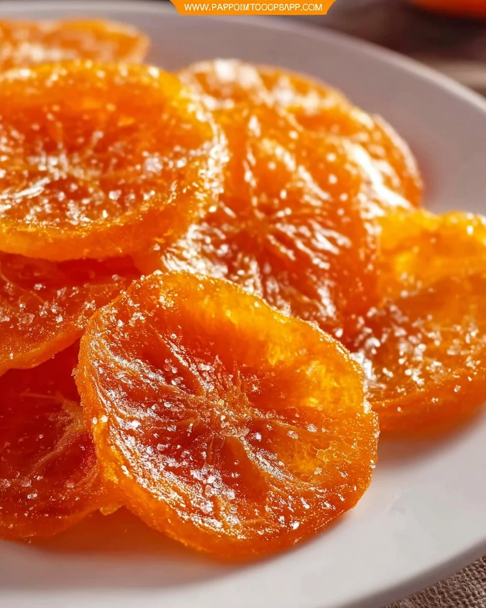 Homemade candied orange slices on a plate for snacking or baking.