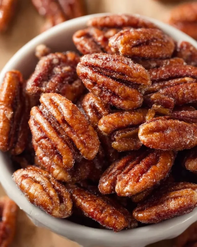 Bowl of delicious homemade candied pecans with a caramel glaze
