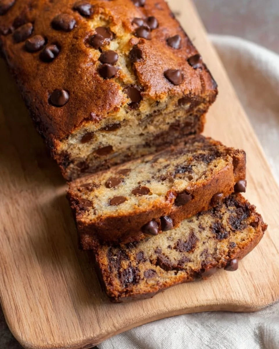 Moist and delicious Chocolate Chip Banana Bread with slices and chocolate chips