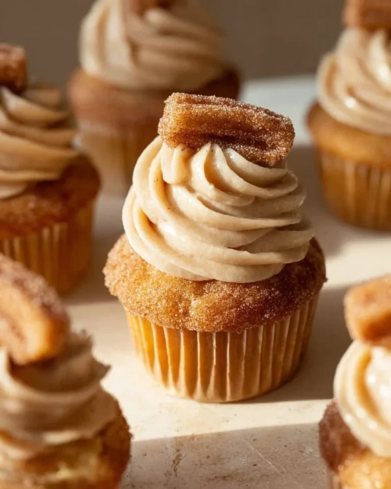 Churro cupcakes topped with cinnamon cream cheese frosting on a rustic table.
