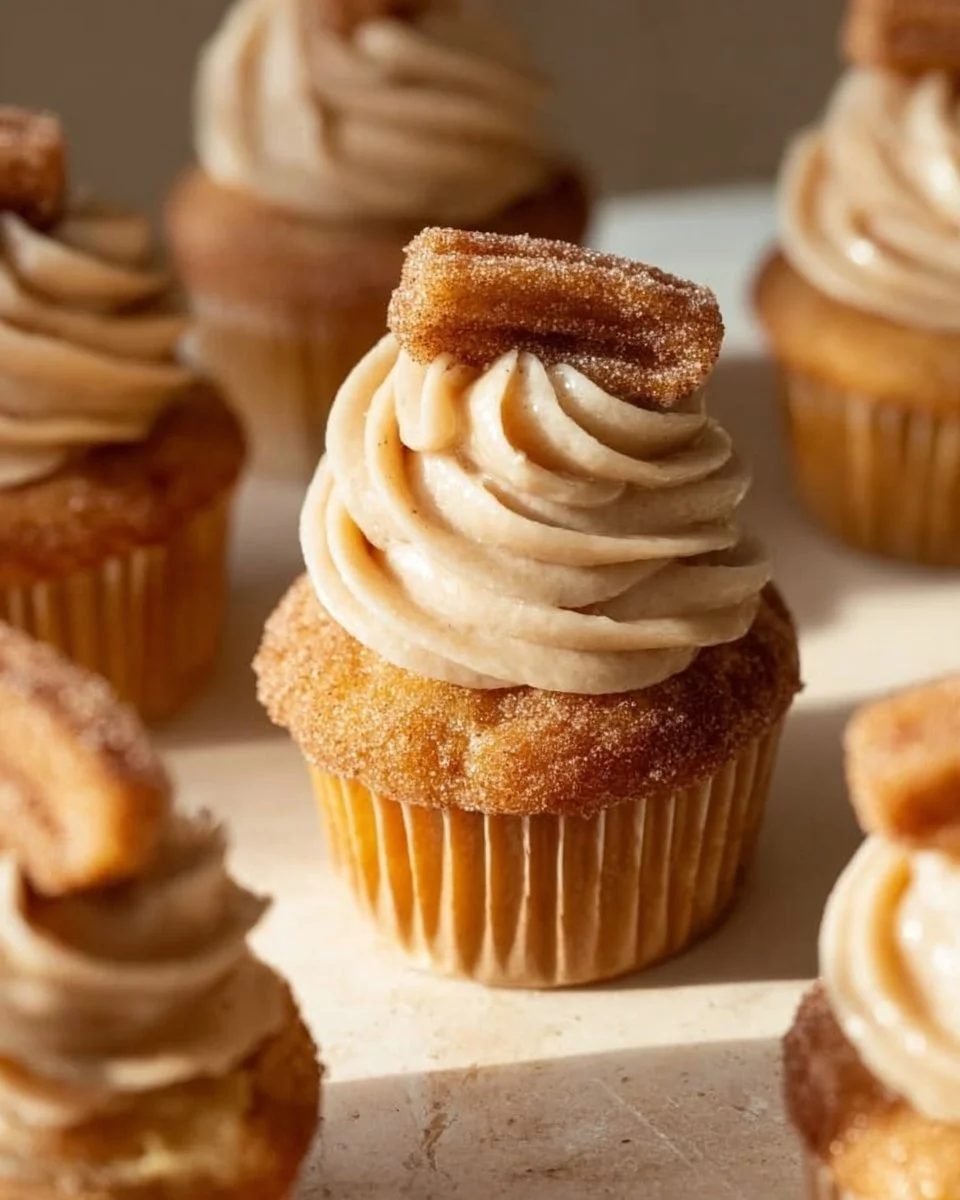 Churro cupcakes topped with cinnamon cream cheese frosting on a rustic table.
