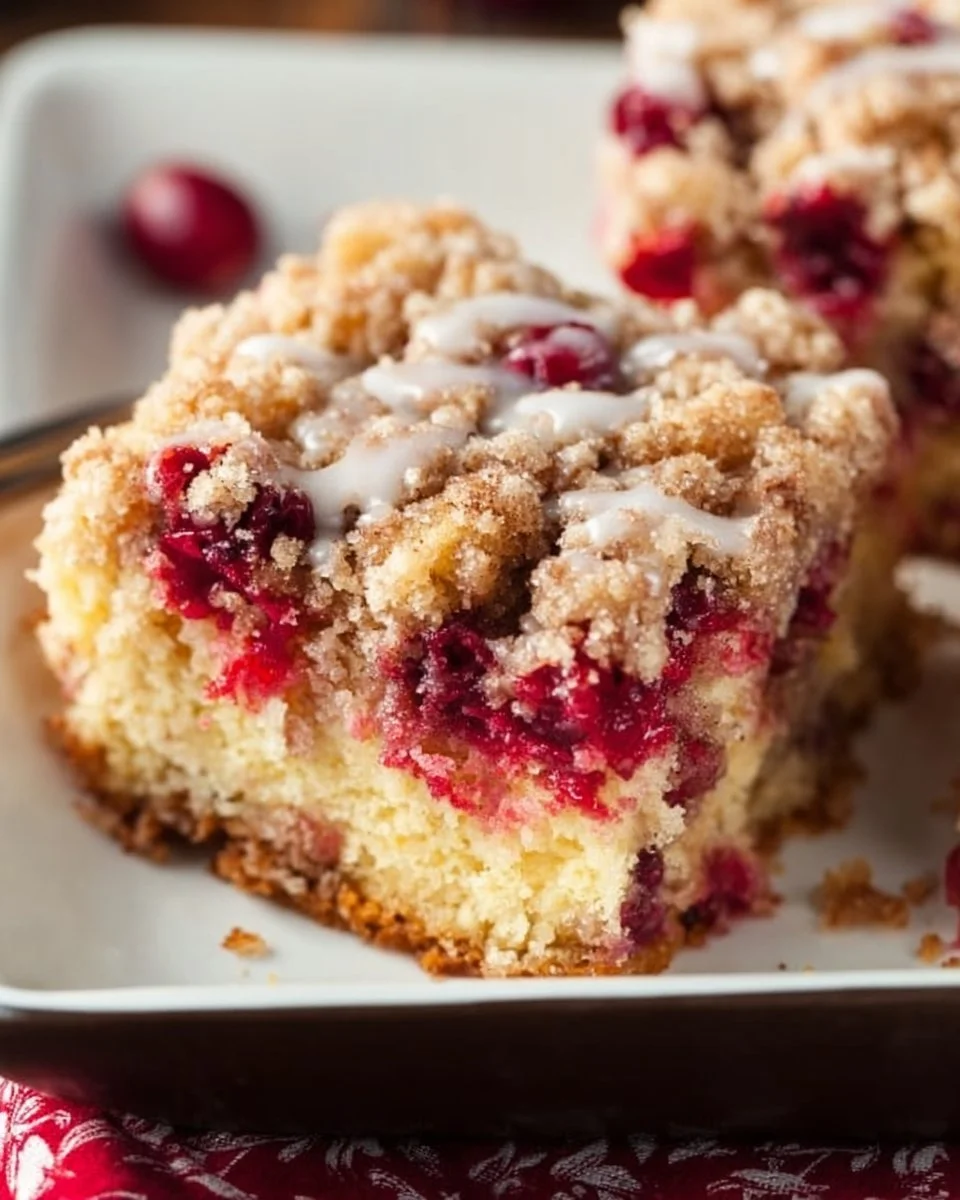 Delicious homemade Cranberry Crumb Cake with crumb topping on a plate.