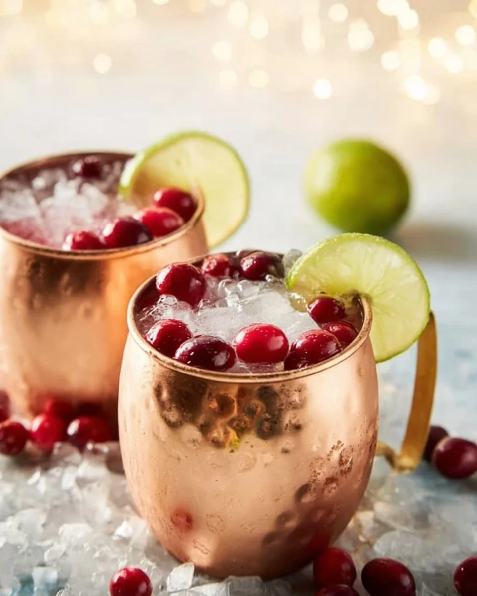 Cranberry Moscow Mule cocktail with fresh cranberries and lime