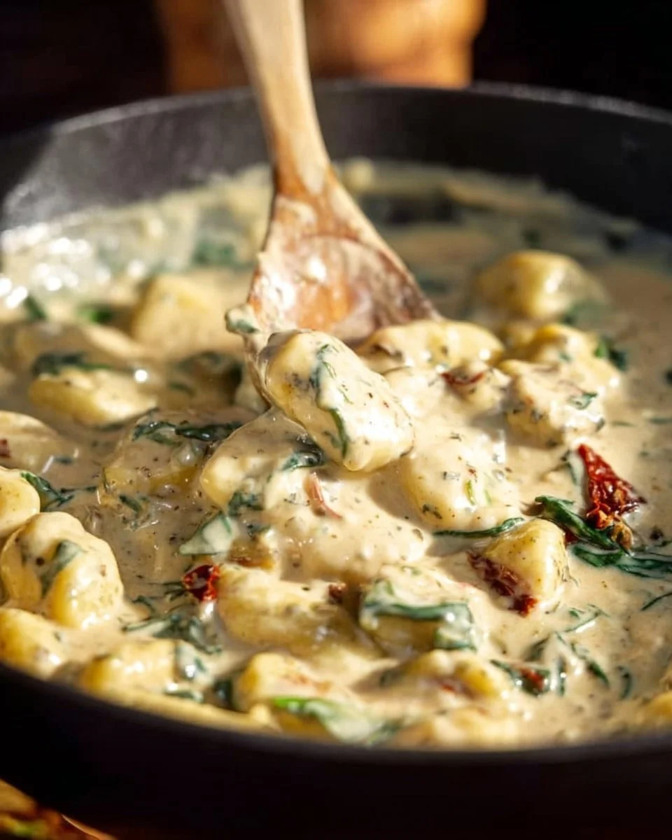 Delicious creamy Gorgonzola gnocchi topped with herbs and cheese.