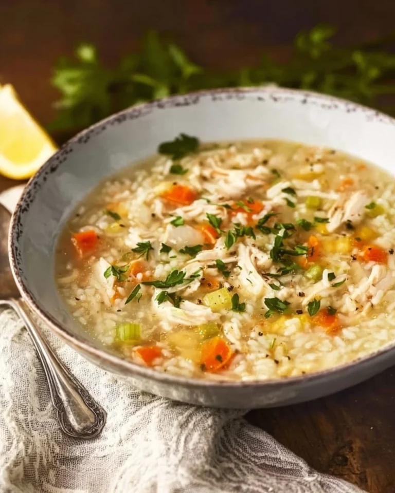 Bowl of Greek Turkey Soup with rice, herbs, and vegetables