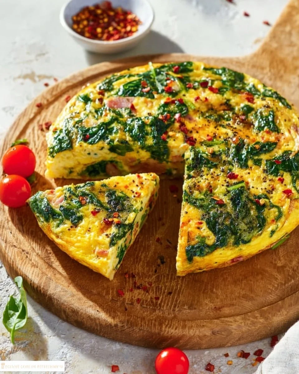 Delicious ham and spinach frittata served on a plate with fresh herbs.