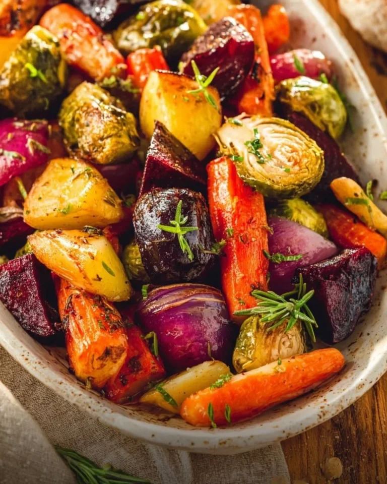 Bowl of honey-roasted vegetables drizzled with honey glaze for a sweet flavor.