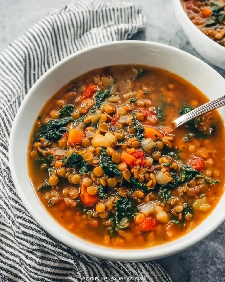 Bowl of delicious Lentil Kale Soup with fresh kale and lentils
