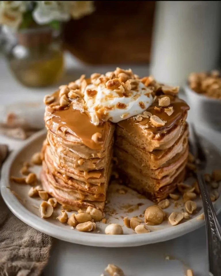 Delicious Maple Peanut Butter Pancakes topped with maple syrup