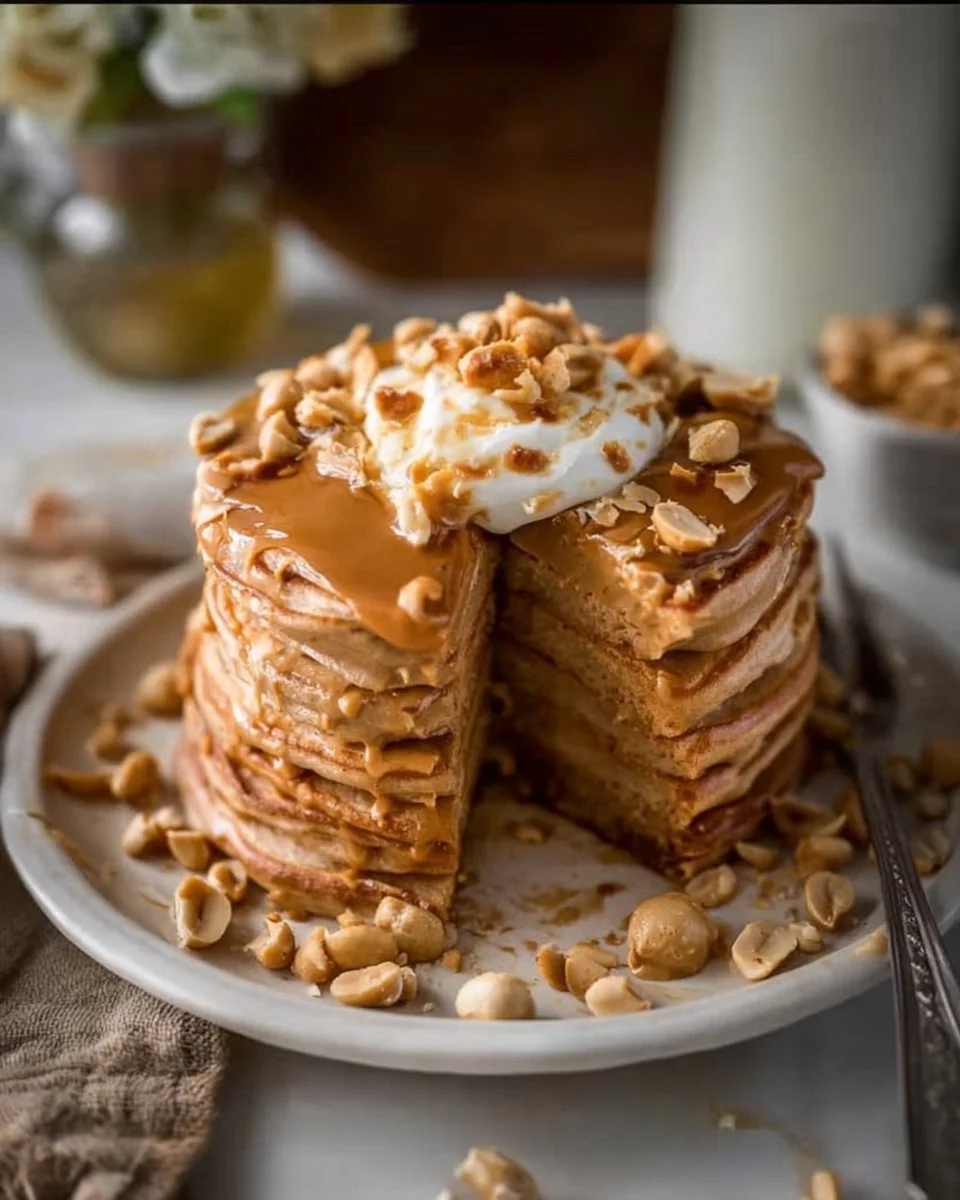Delicious Maple Peanut Butter Pancakes topped with maple syrup