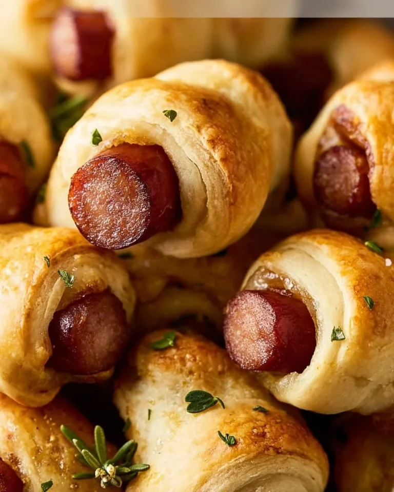 Plate of homemade pigs in a blanket appetizers served at a party.