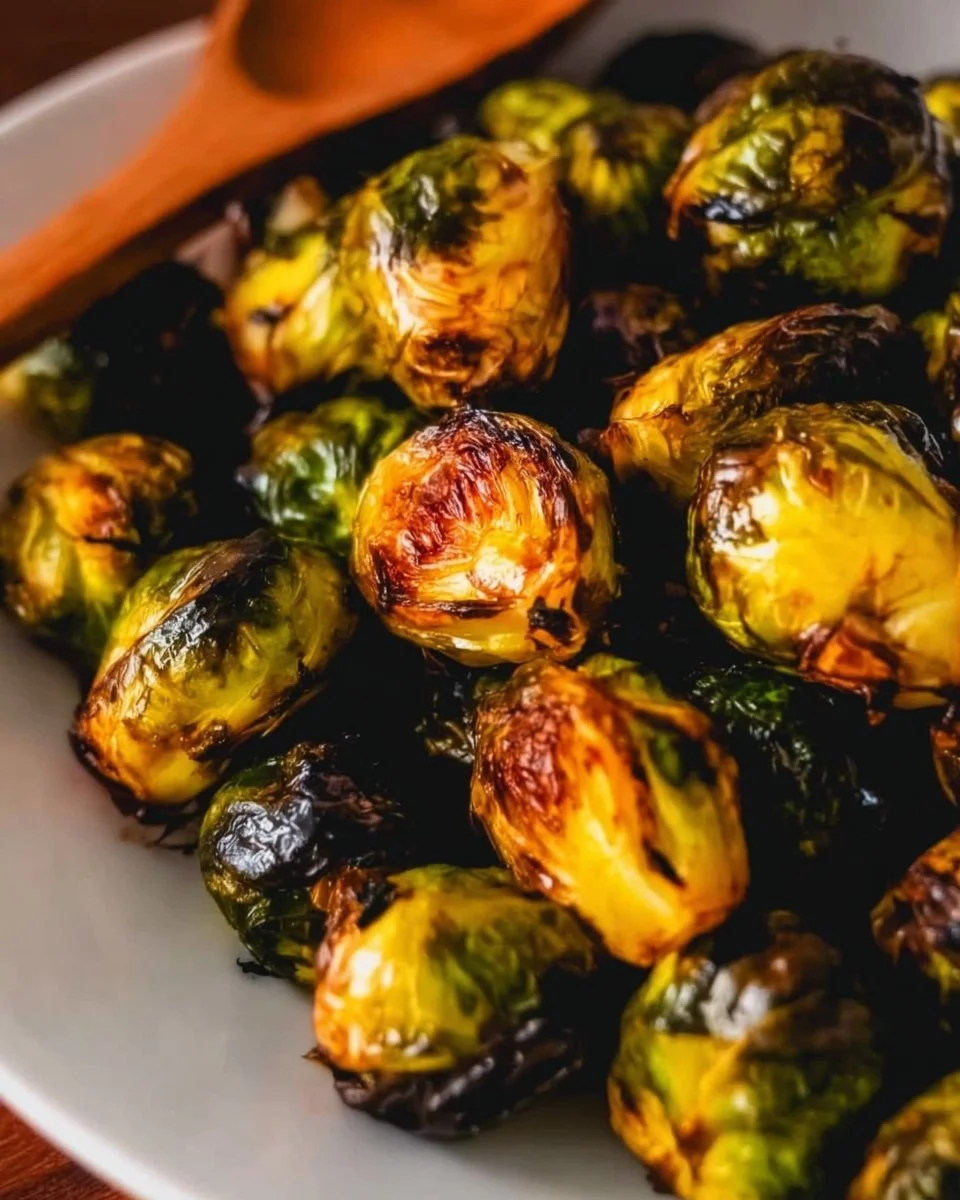 Roasted Brussels sprouts drizzled with balsamic glaze on a serving plate