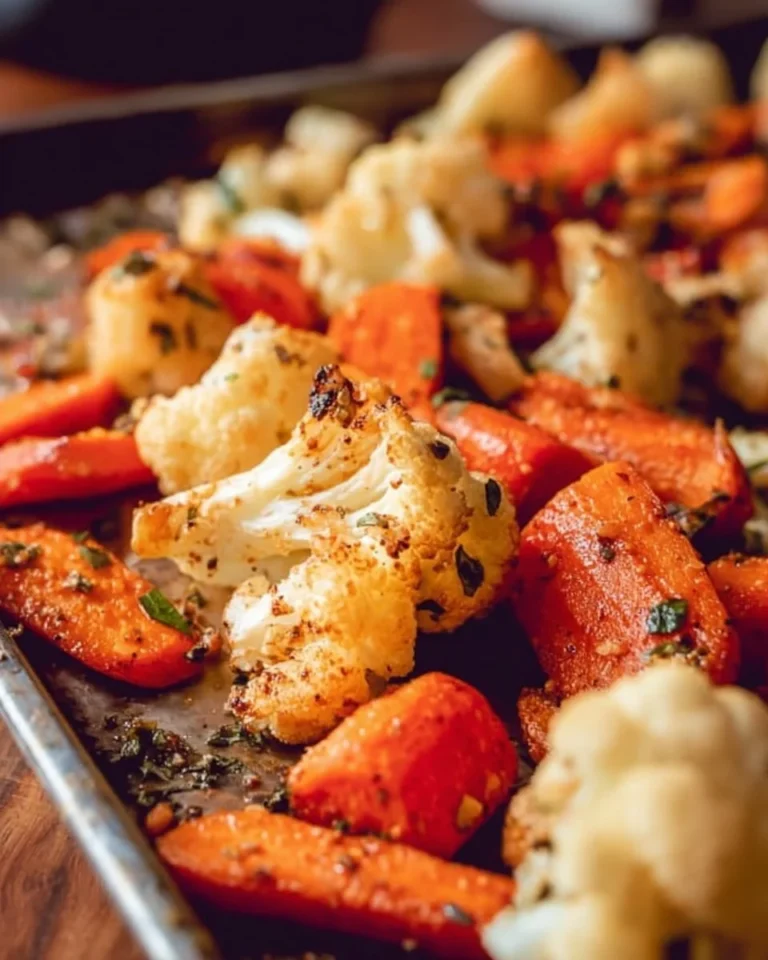Delicious roasted carrots and cauliflower served as a healthy side dish