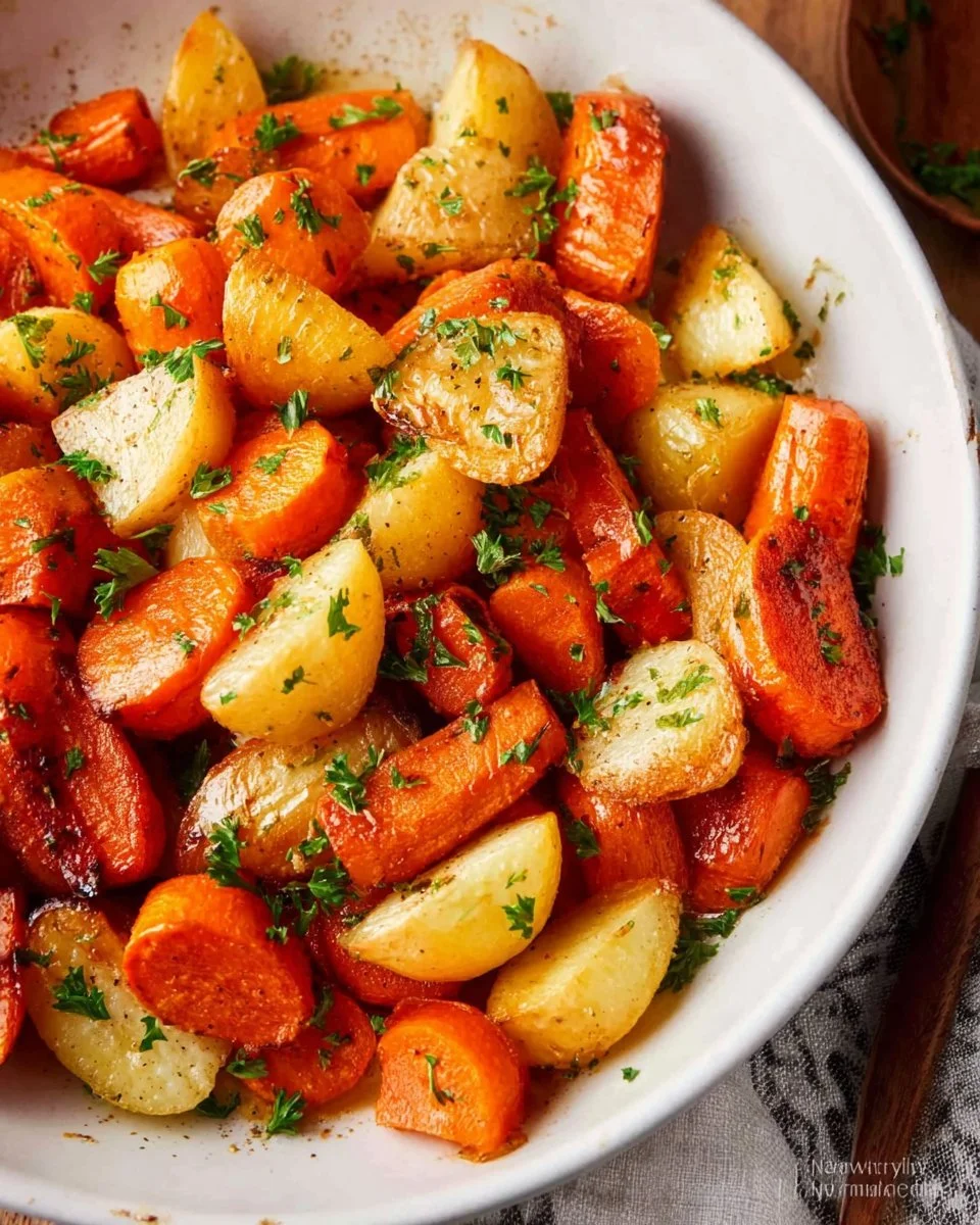 Plate of roasted turnips and carrots garnished with herbs