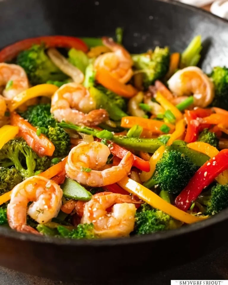 Colorful shrimp and vegetable stir fry in a skillet