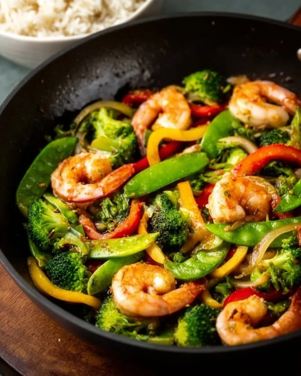 Shrimp stir fry with fresh vegetables in a colorful dish