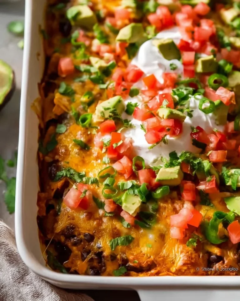 Delicious Taco Casserole baked and garnished with sour cream and cilantro