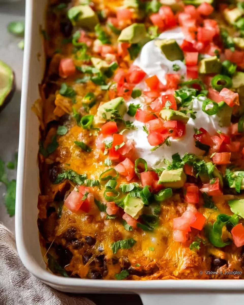 Delicious Taco Casserole baked and garnished with sour cream and cilantro