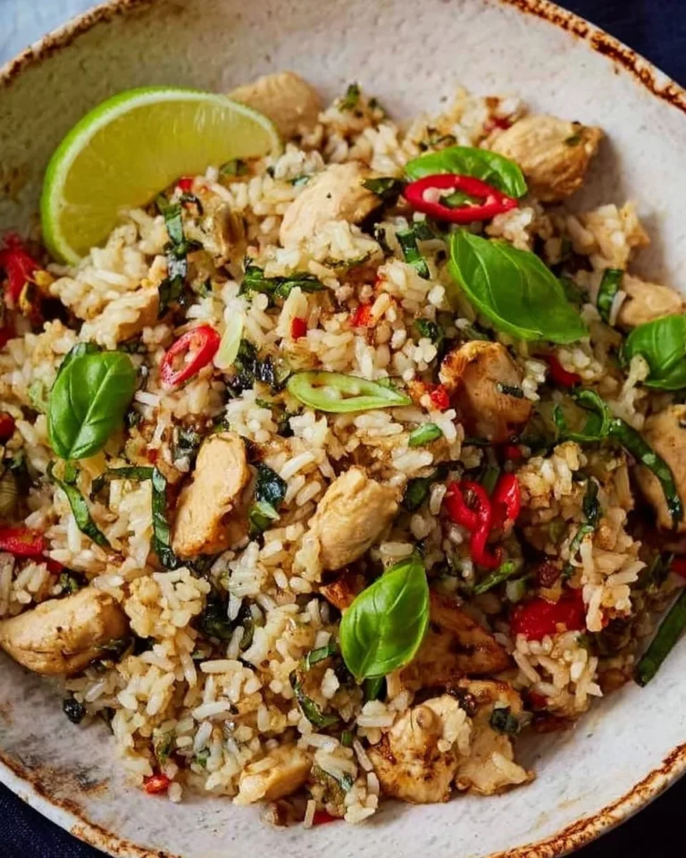 Plate of delicious Thai Basil Fried Rice garnished with fresh basil leaves