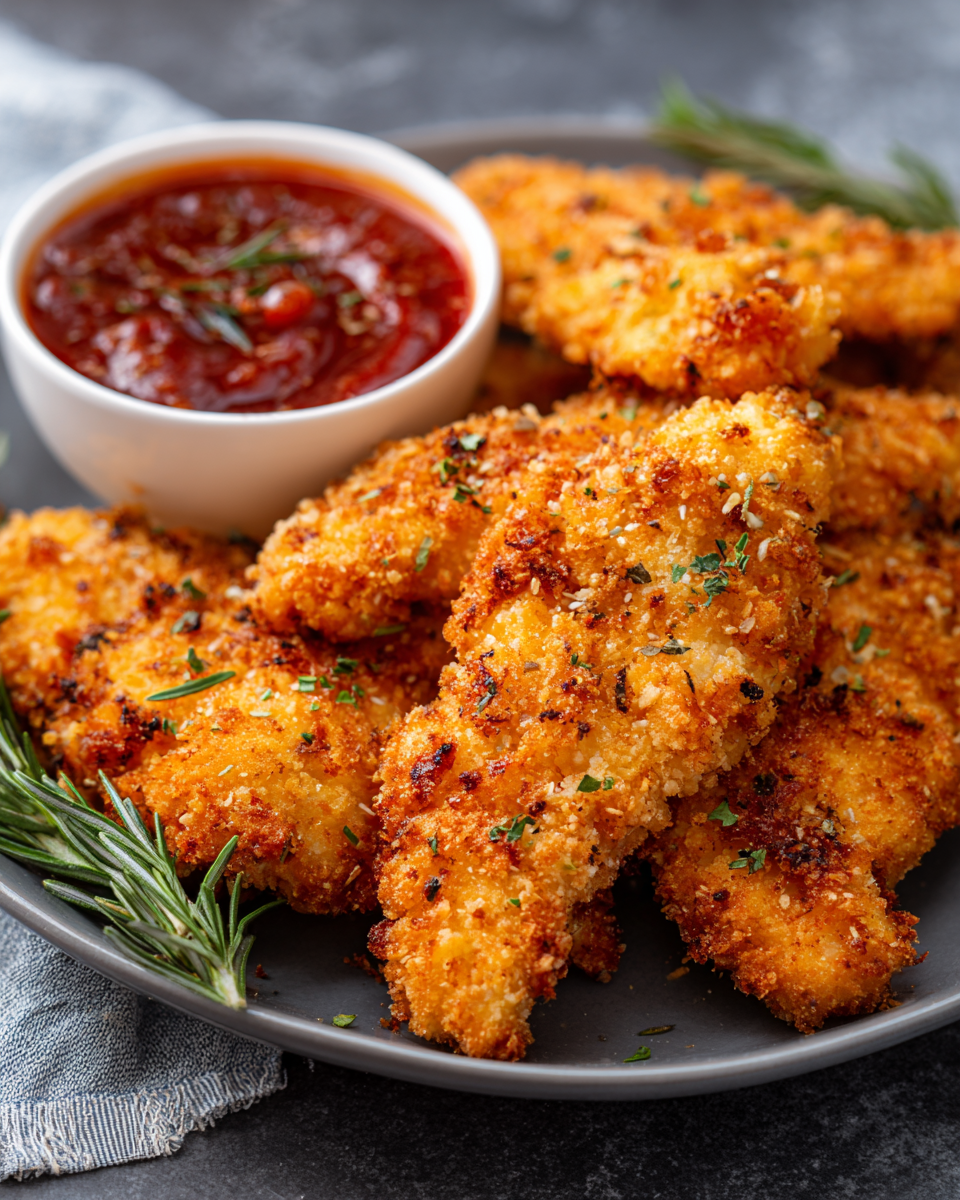 Crispy Homemade Baked Chicken Tenders close-up showing golden coating