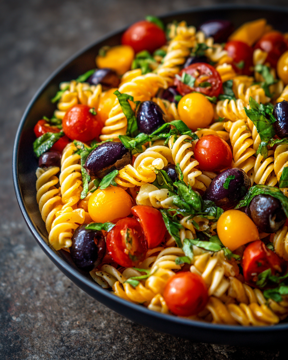 Tri-Colored Rotini Pasta Salad with Cherry Tomatoes and Olives