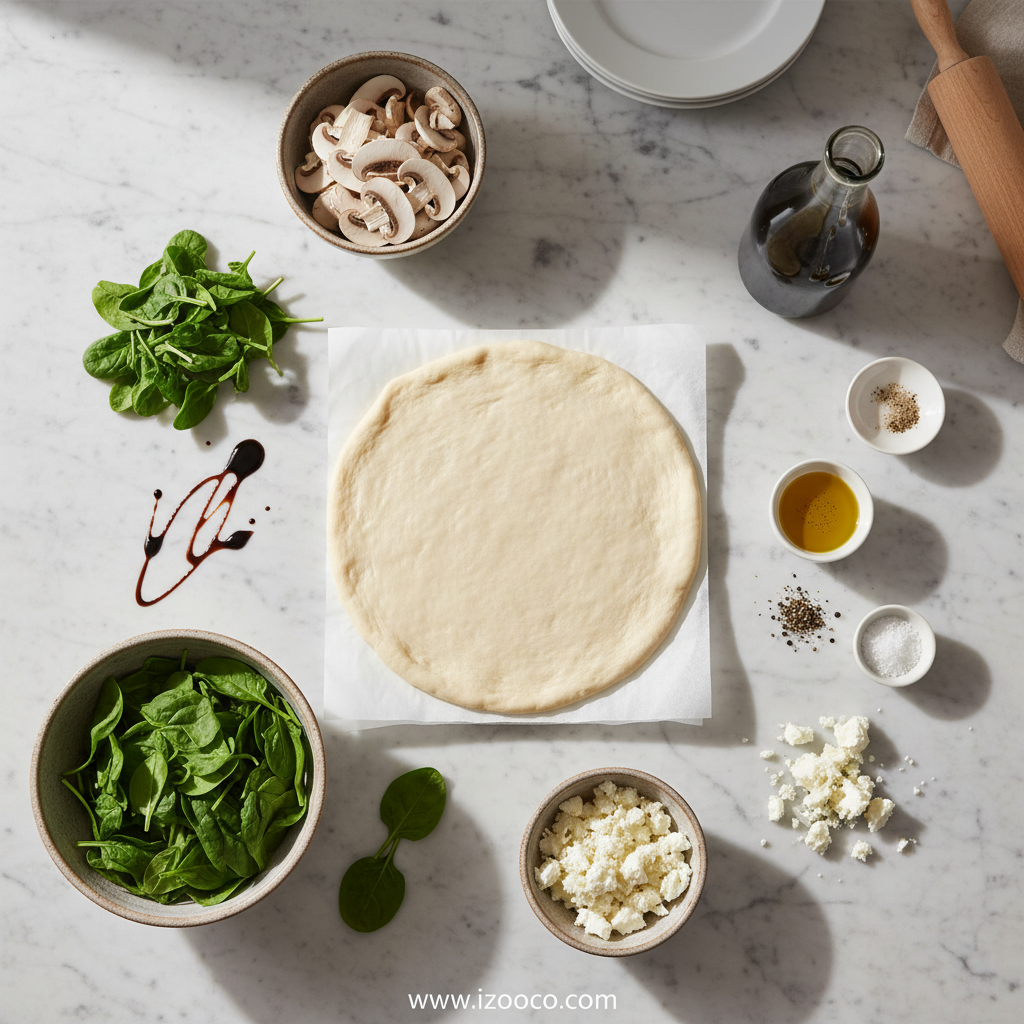 Ingredients for balsamic mushroom goat cheese pizza
