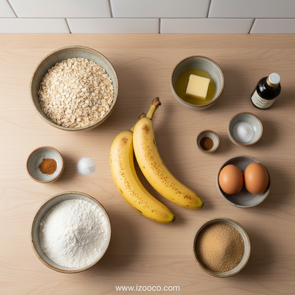 Ingredients for banana oatmeal bars including oats, banana, cinnamon, and honey