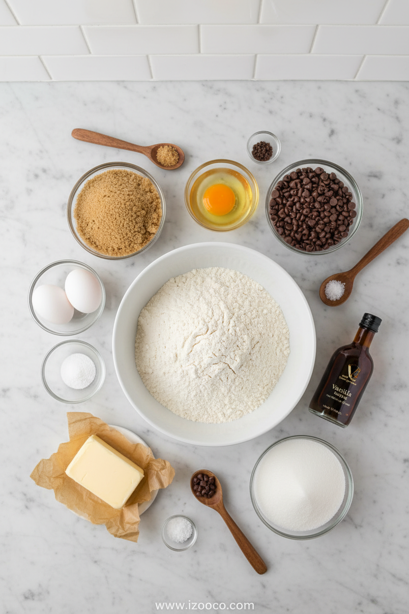 All ingredients measured for golden chocolate chip cookies