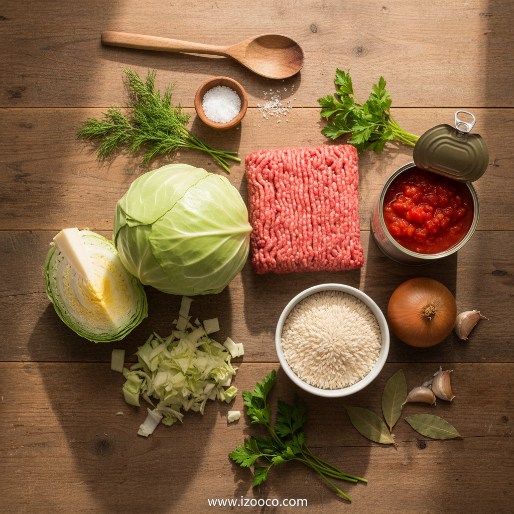 Easy Cabbage Roll Soup Recipe - One Pot Dinner Solution 2 Fresh ingredients for cabbage roll soup arranged on wooden surface