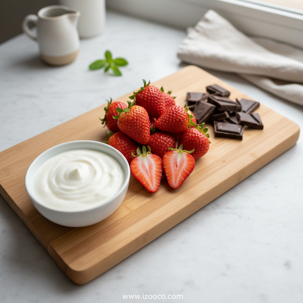Strawberry Yogurt Clusters: Easy No-Bake Healthy Snack Recipe 2 Ingredients for strawberry yogurt clusters including Greek yogurt, strawberries, and chocolate