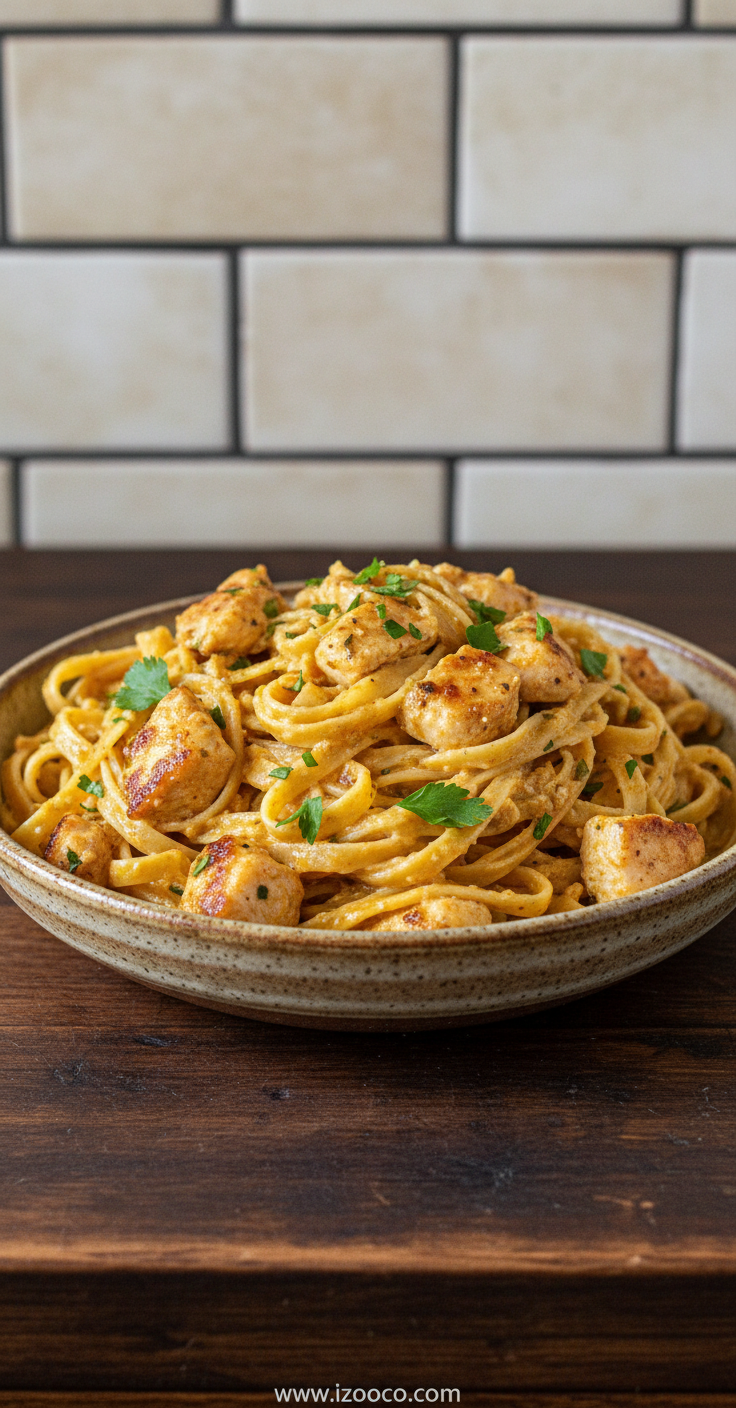 Delicious chicken linguine pasta served in a rustic bowl