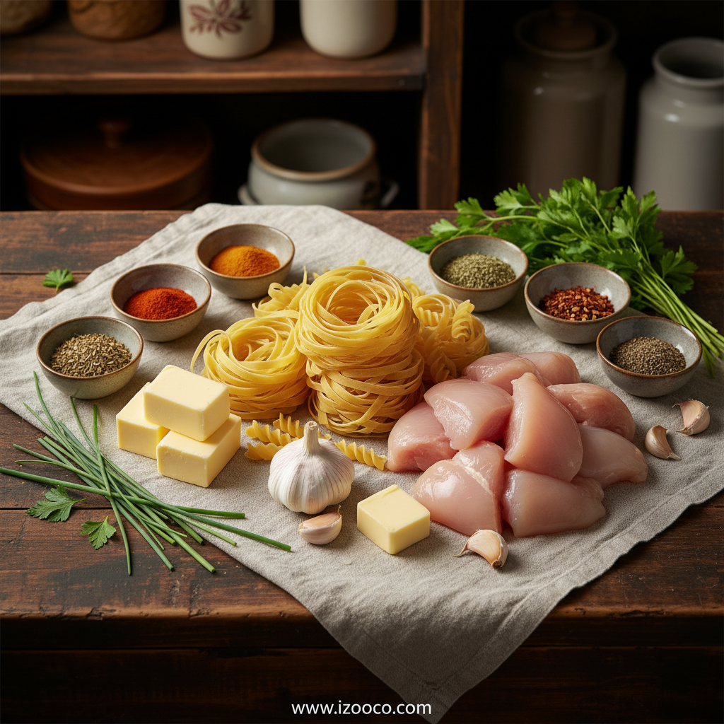 Fresh ingredients for chicken linguine including chicken breast, linguine pasta, and vegetables