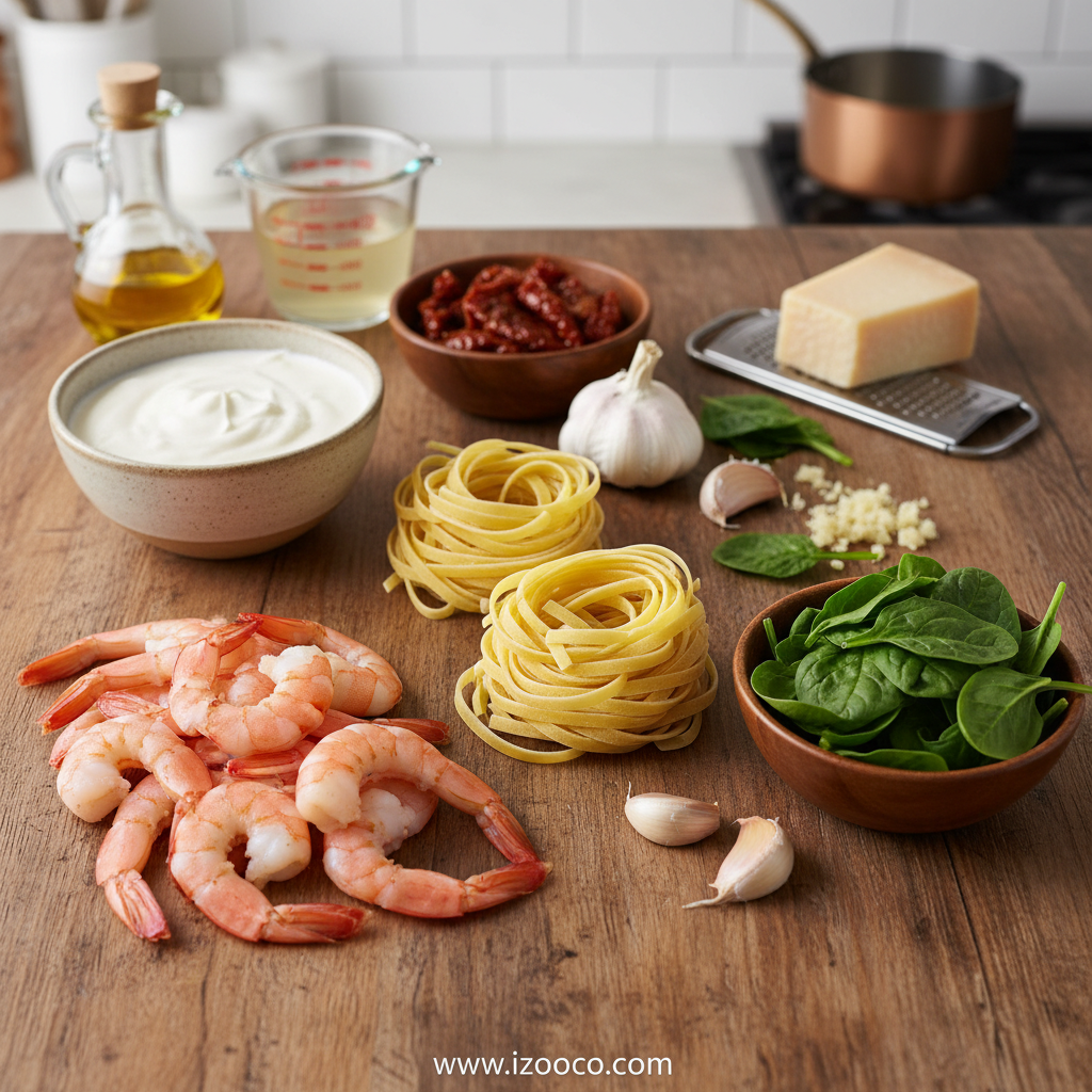 Ingredients for creamy Tuscan shrimp linguine