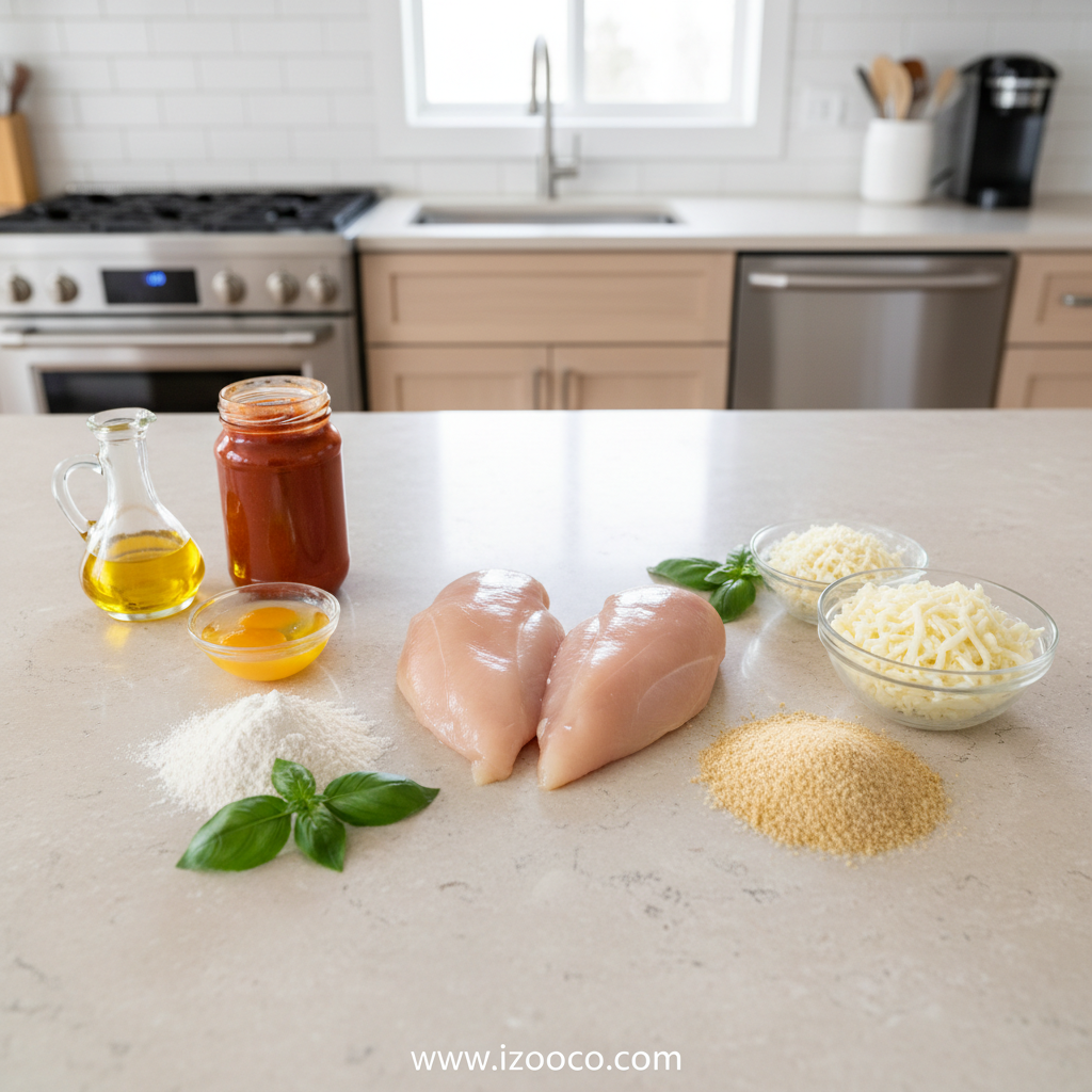 Fresh ingredients for chicken parmesan including chicken, cheese, and tomato sauce