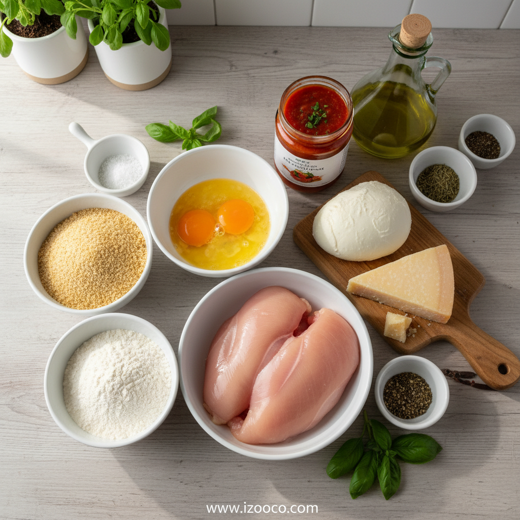 All ingredients needed for easy chicken parmesan recipe laid out