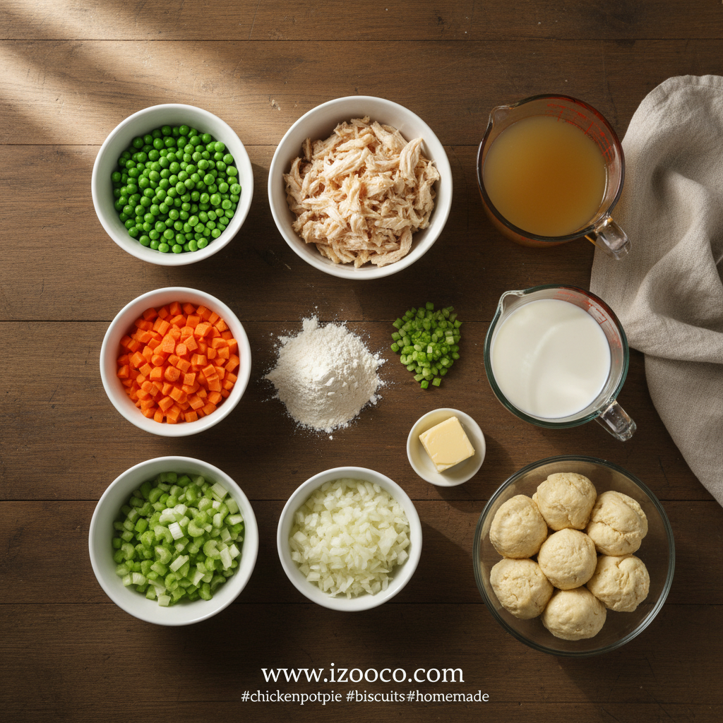 Ingredients for chicken pot pie including chicken, vegetables, and biscuits