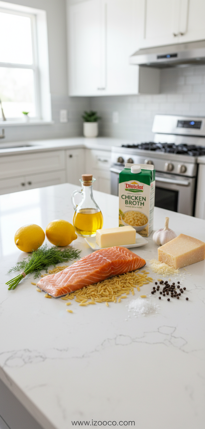 Creamed Corn Orzo with Salmon: A Mediterranean Diet Dinner Masterpiece 2 Fresh ingredients for salmon orzo recipe including salmon fillets, orzo pasta, spinach, and corn