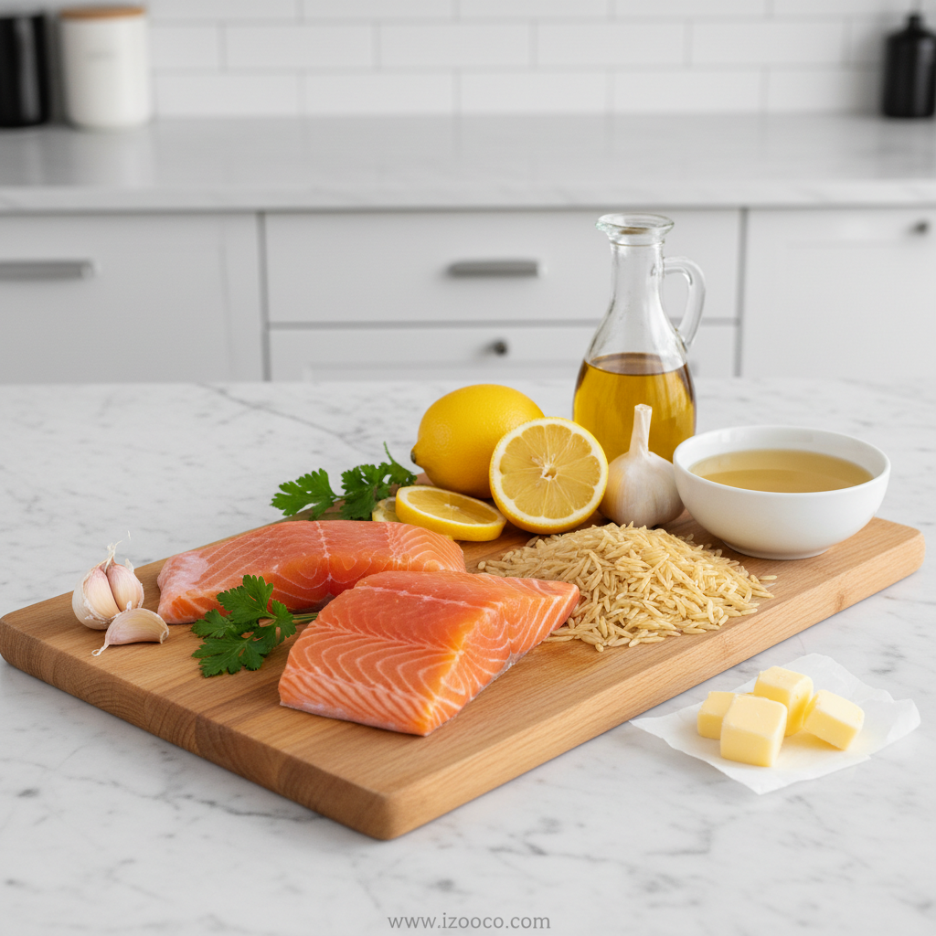 Seared Salmon with Lemon Orzo: A Mediterranean Diet Protein Powerhouse 2 Ingredients for salmon orzo recipe including salmon, orzo, lemon, spinach, and seasonings
