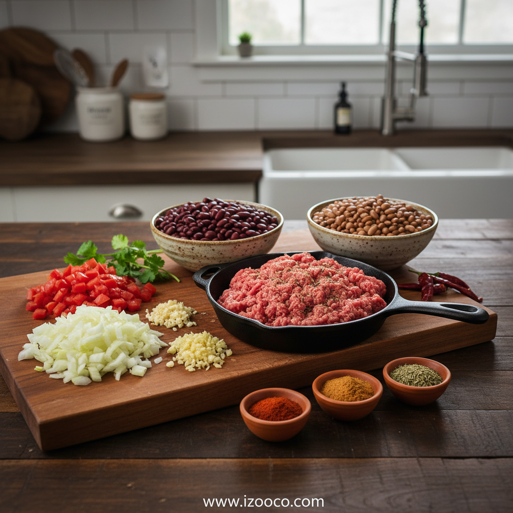 The Ultimate Best Chili Recipe: Easy, Thick & Flavorful Meat Chili 2 Ingredients for homemade chili including ground beef, beans, tomatoes, and spices